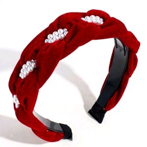 Red velvet braided headband with pearls